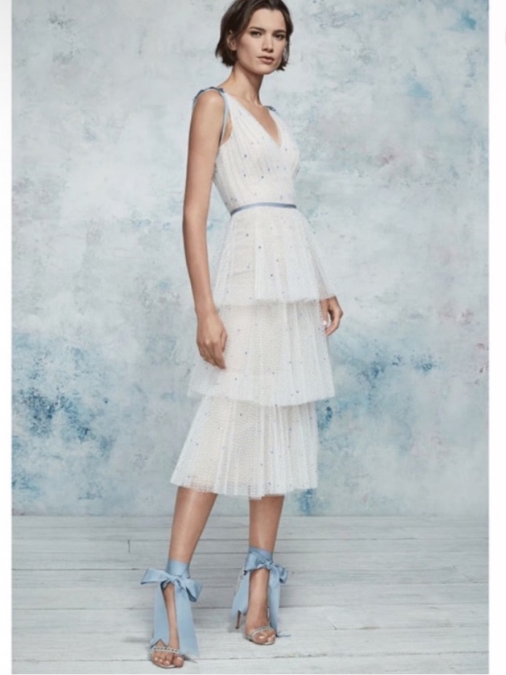 Marchesa Notte  Sleeveless V neck Ivory Tulle Tea Length Dress with Blue Accents